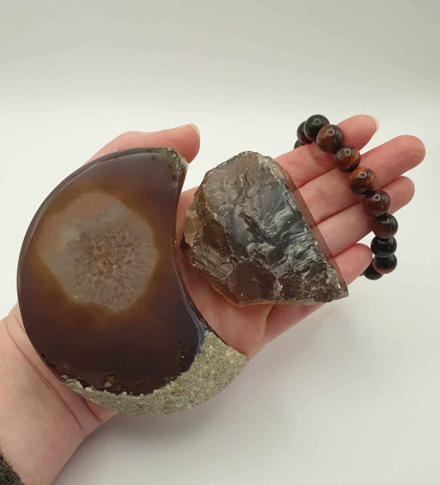 Agate Druzy Moon Red Tiger Eye AA grade Bracelet and Smoky Quartz Rough bundle