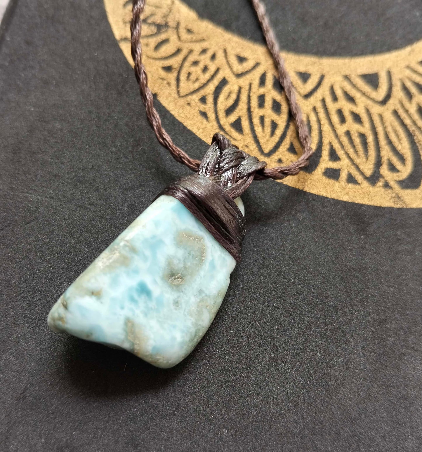 This Larimar stone pendant Necklace is hand made with love by Byron Bay Artisan, Figwickle. Necklace is a hand twisted leather stitching chord