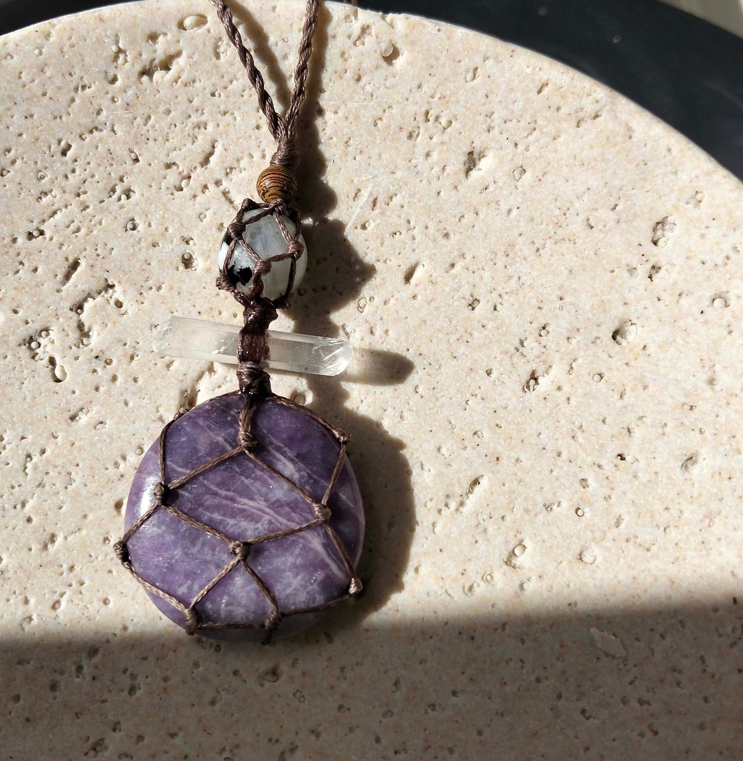 Lepidolite, Quartz and Rainbow Moonstone Talisman Necklace