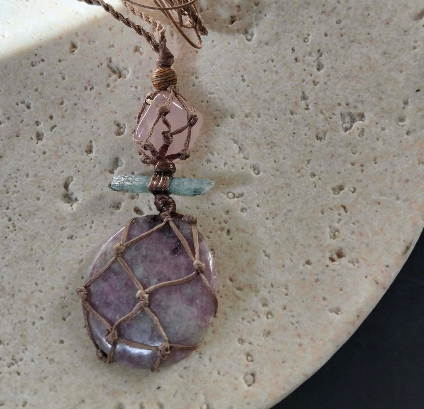 Lepidolite, Kyanite and Rose Quartz Talisman Necklace
