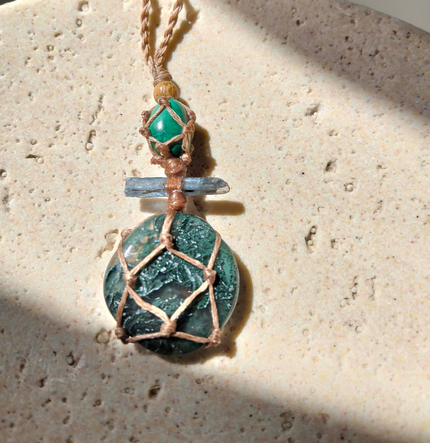 Moss Agate, Kyanite and Chrysocolla Talisman Necklace