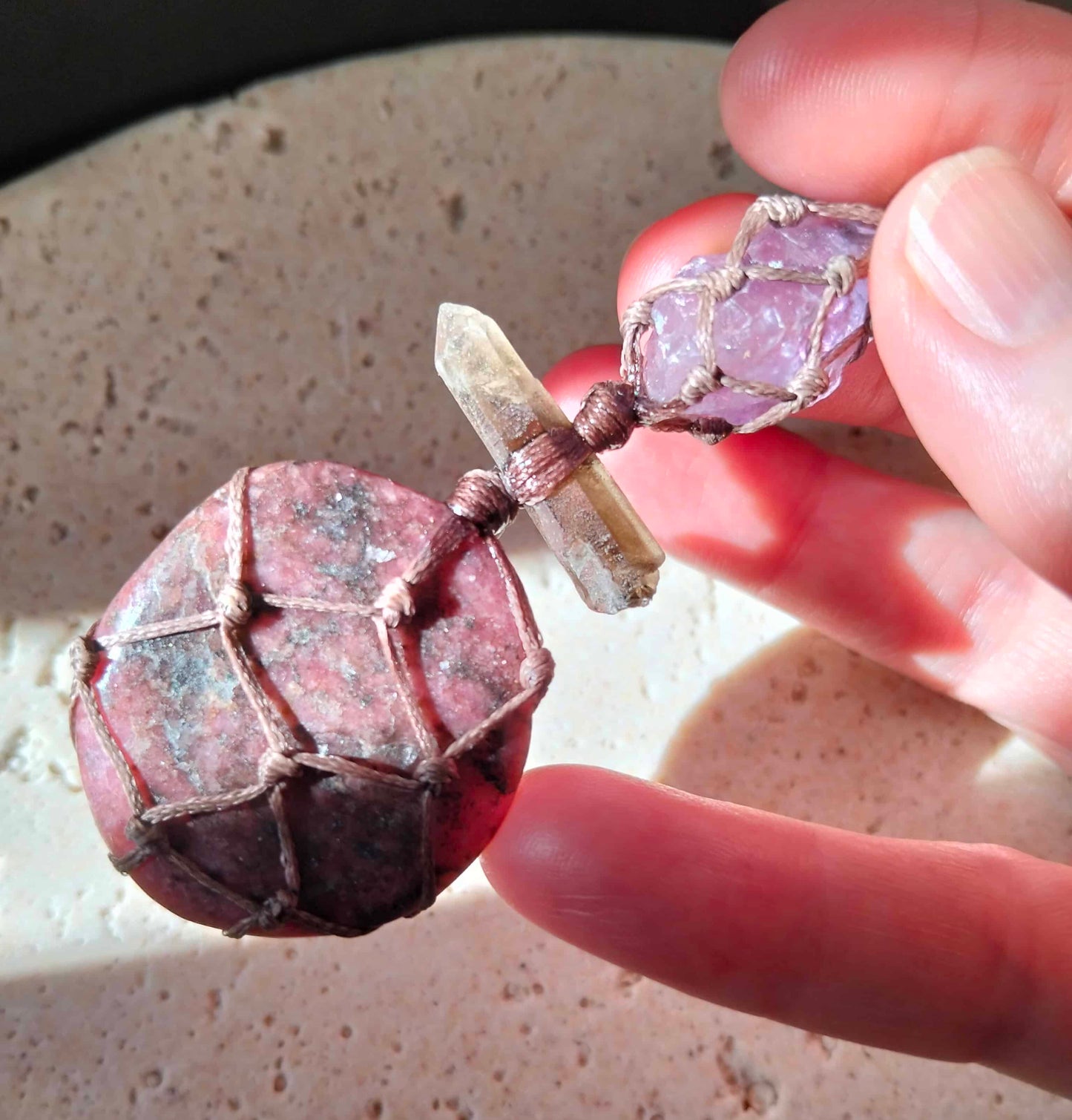 Rhodonite, Smoky Quartz and Amethyst Talisman Necklace