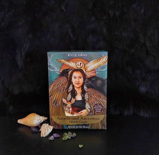 Oracle card deck titled 'Angels and Ancestors' by Kyle Gray on a dark background with natural elements.