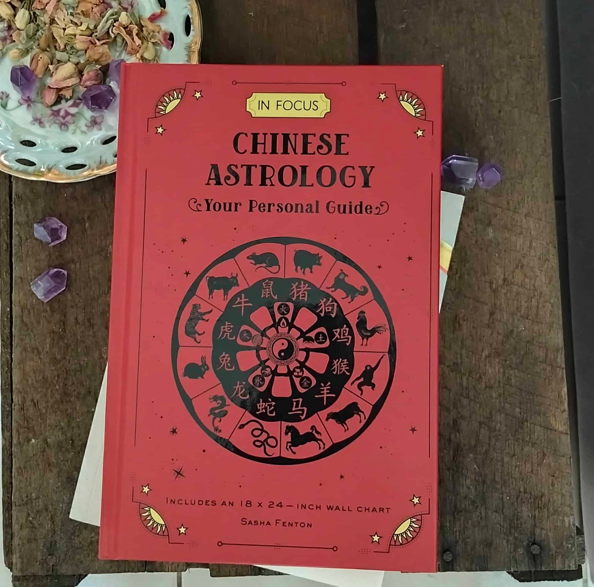 Book titled 'Chinese Astrology: Your Personal Guide' on a wooden surface with decorative elements.