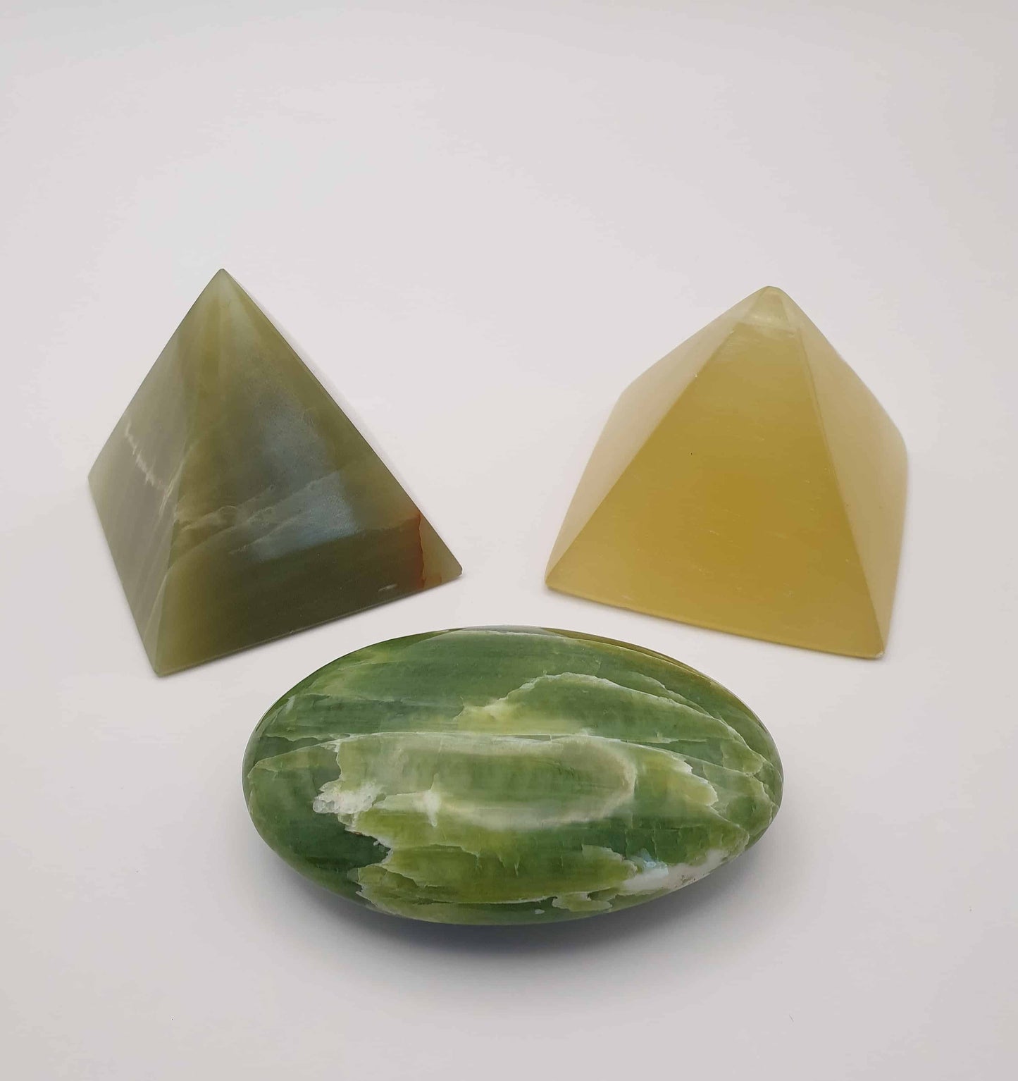 Lemon Calcite Pyramid Green Onyx Pyramid and Tremolite Palmstone bundle
