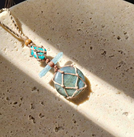 labradorite pendant Necklace with a kyanite crystal and aa grade turquoise stone on a hand made twisted leather chord
