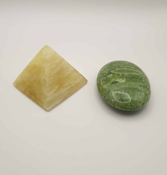 Lemon Calcite Pyramid and Green Tremolite Palmstone bundle