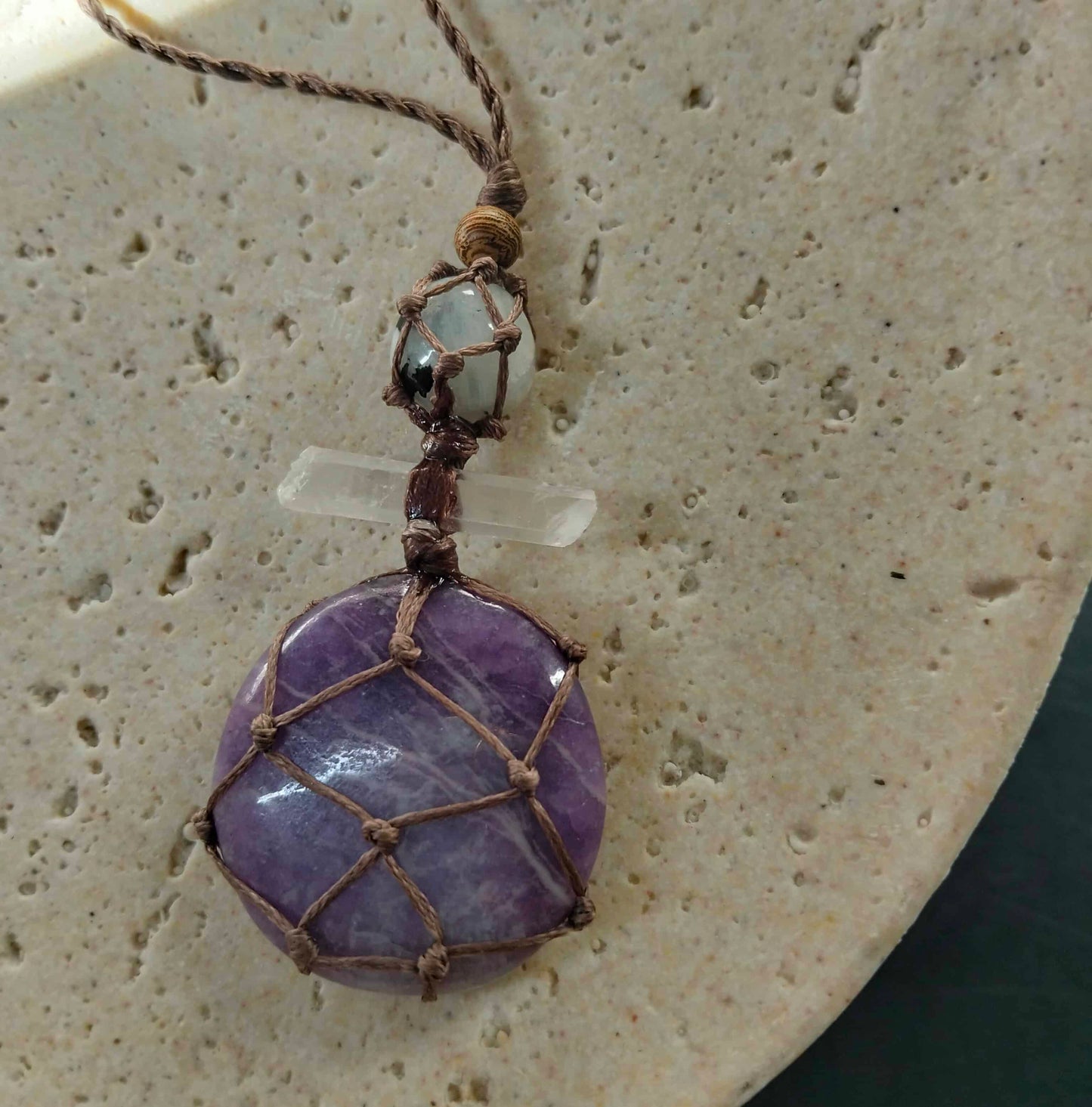 Lepidolite, Quartz and Rainbow Moonstone Talisman Necklace