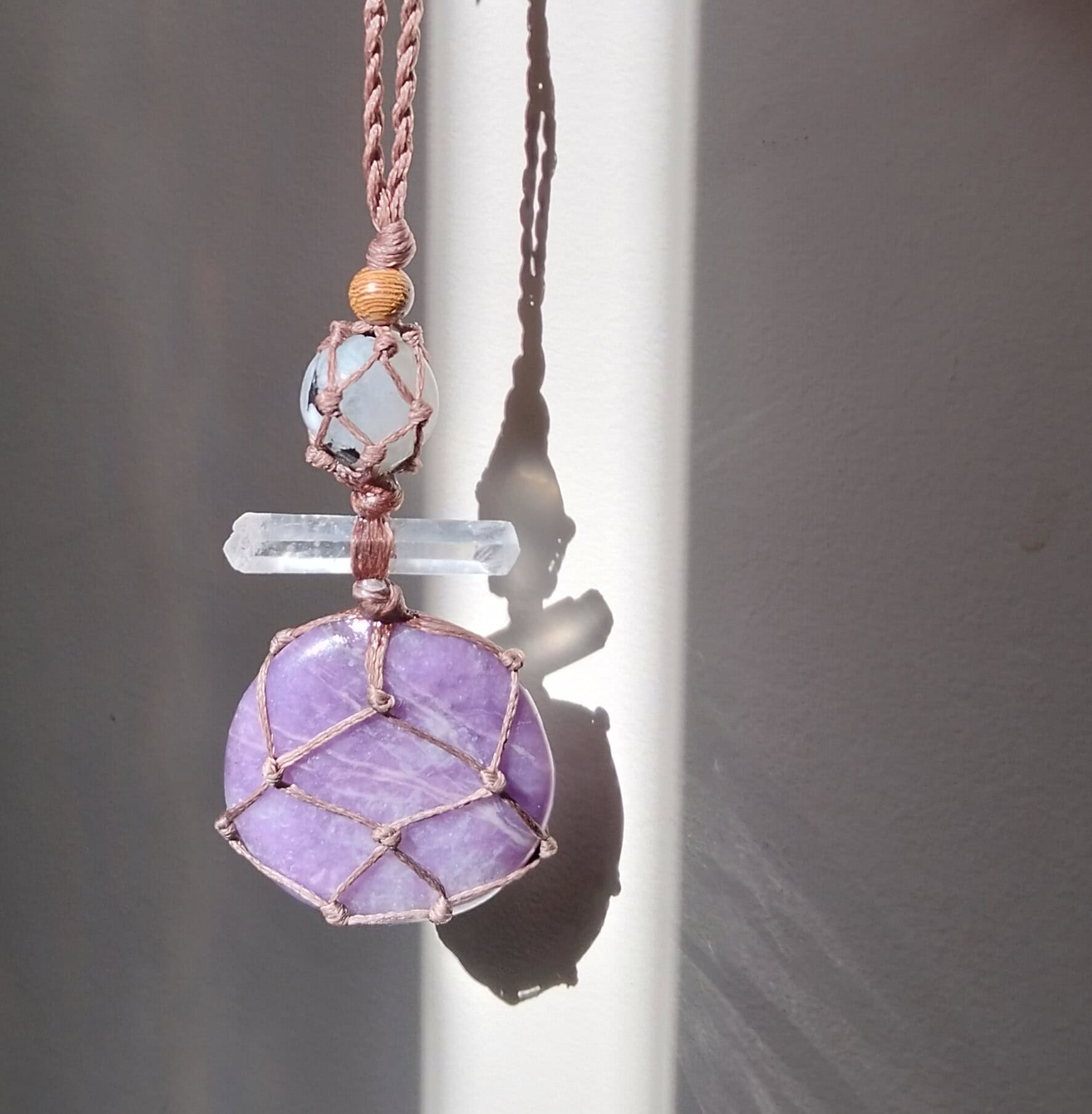 Lepidolite, Quartz and Rainbow moonstone talisman necklace with handmade twisted leather chord
