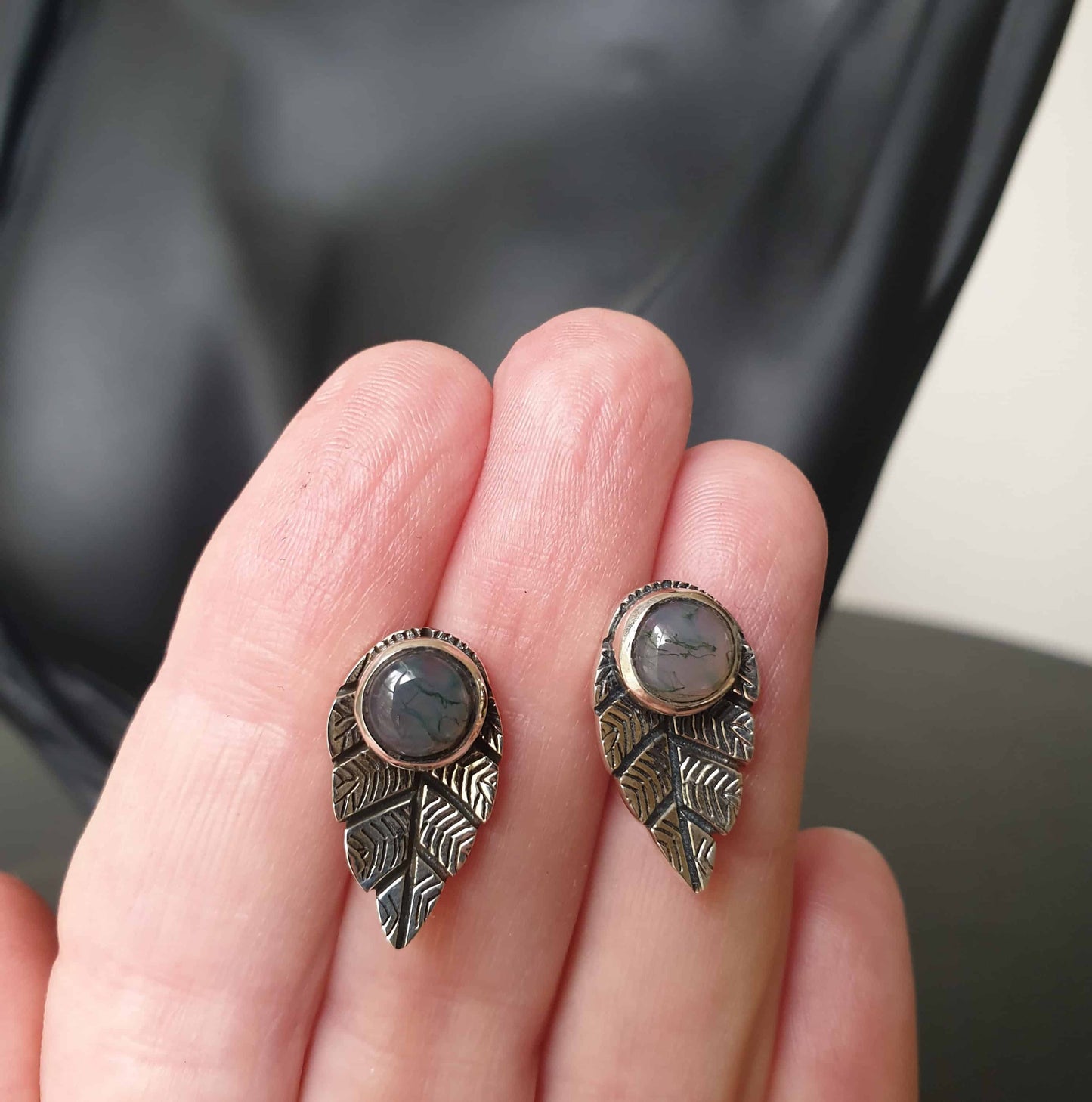 Moss Agate Leaf Earrings