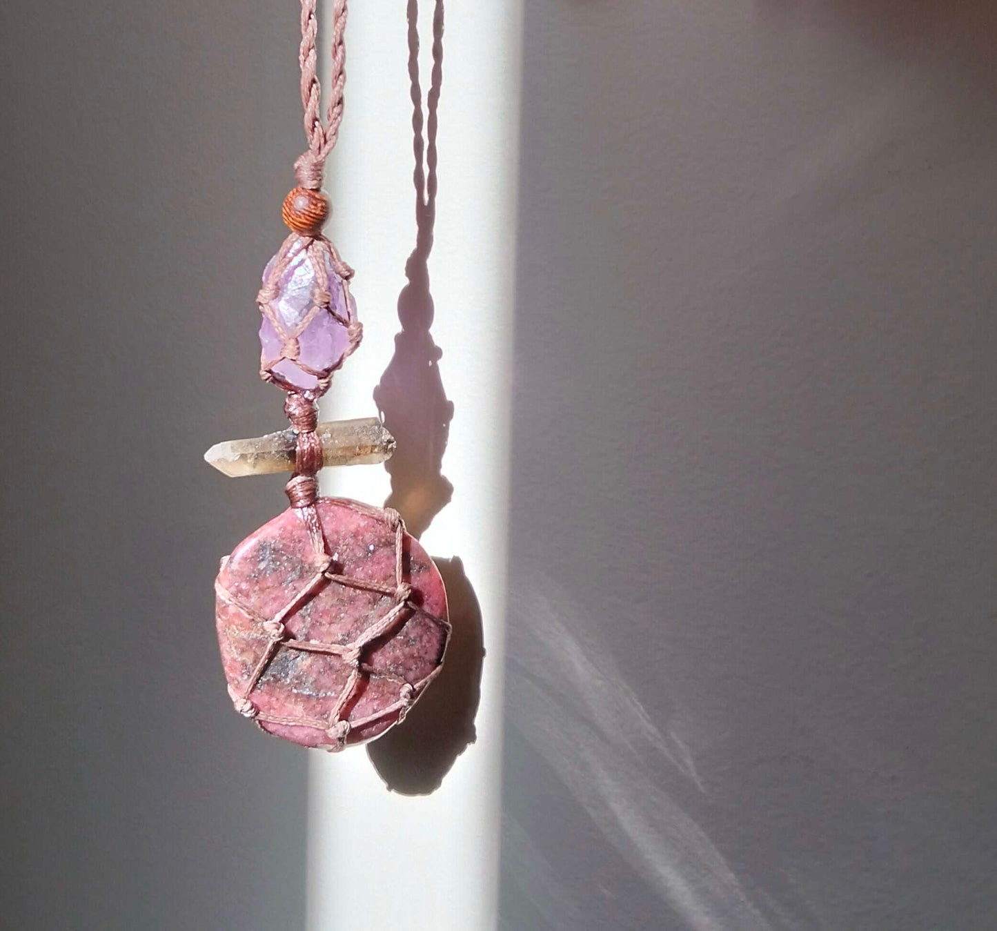 Rhodonite, Smoky Quartz and Amethyst Talisman Necklace