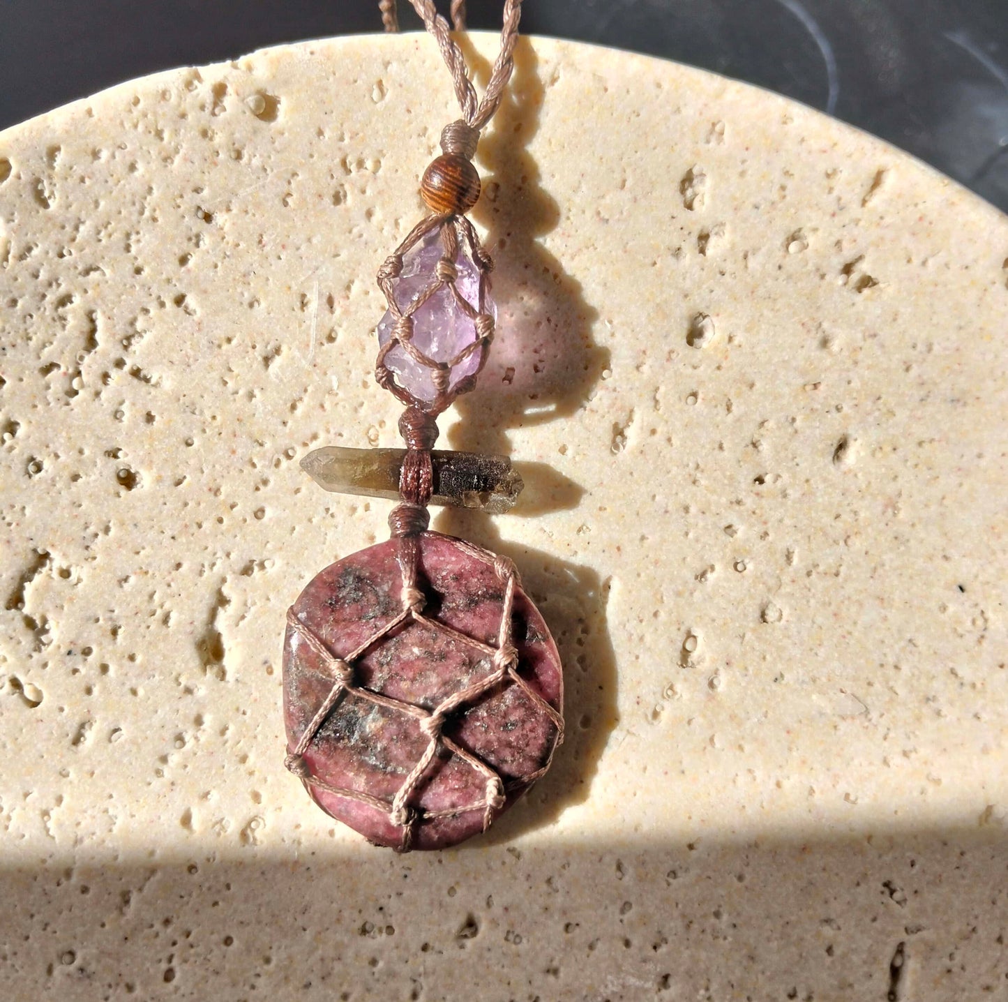 Rhodonite, Smoky Quartz and Amethyst Talisman Necklace