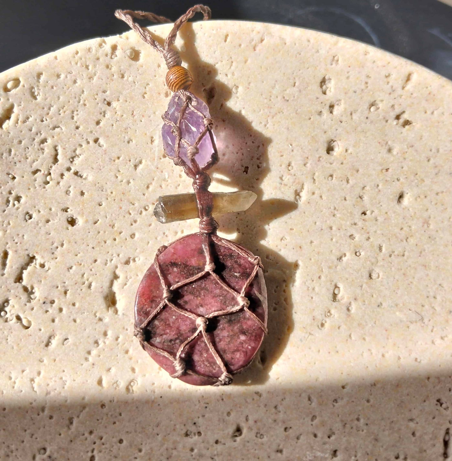 Rhodonite, Smoky Quartz and Amethyst Talisman Necklace