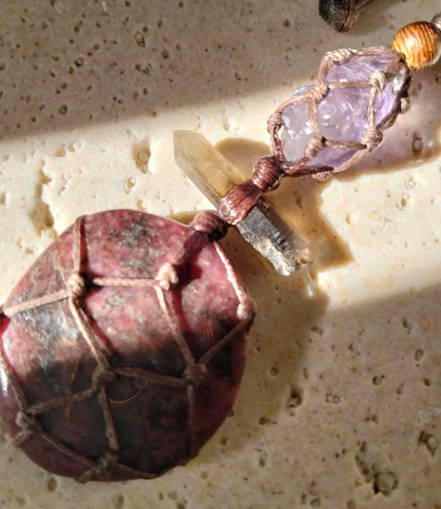 Rhodonite, Smoky Quartz and Amethyst Talisman Necklace