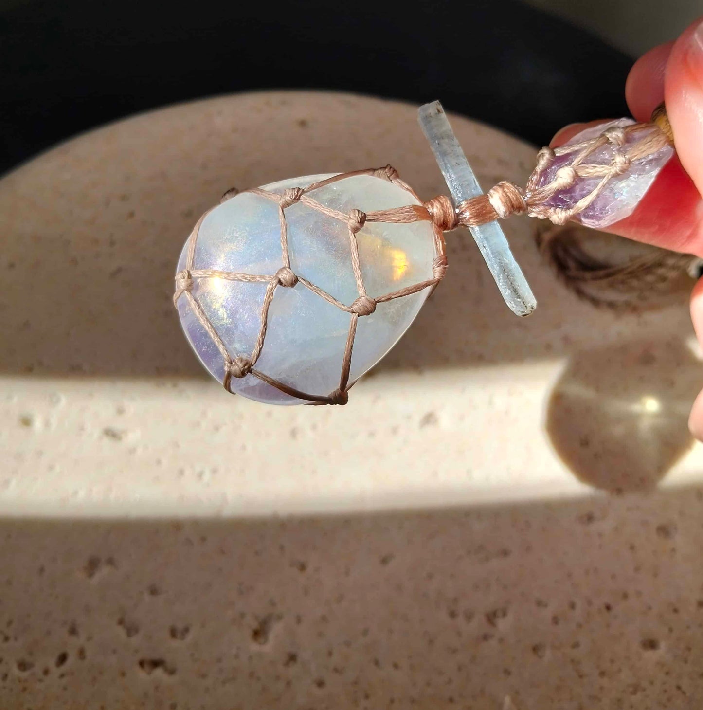 Rose Aura Quartz, Kyanite and Amethyst Talisman Necklace