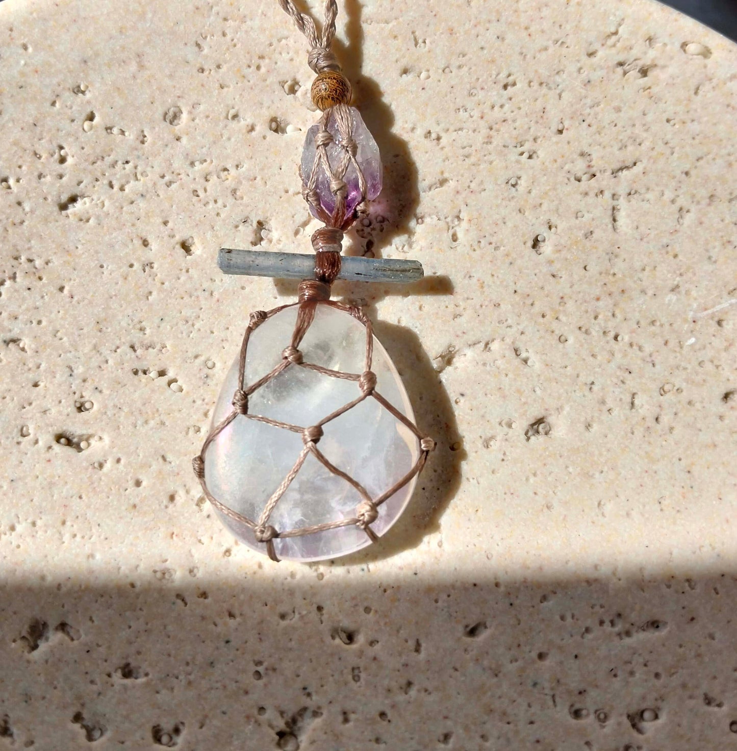 Rose Aura Quartz, Kyanite and Amethyst Talisman Necklace