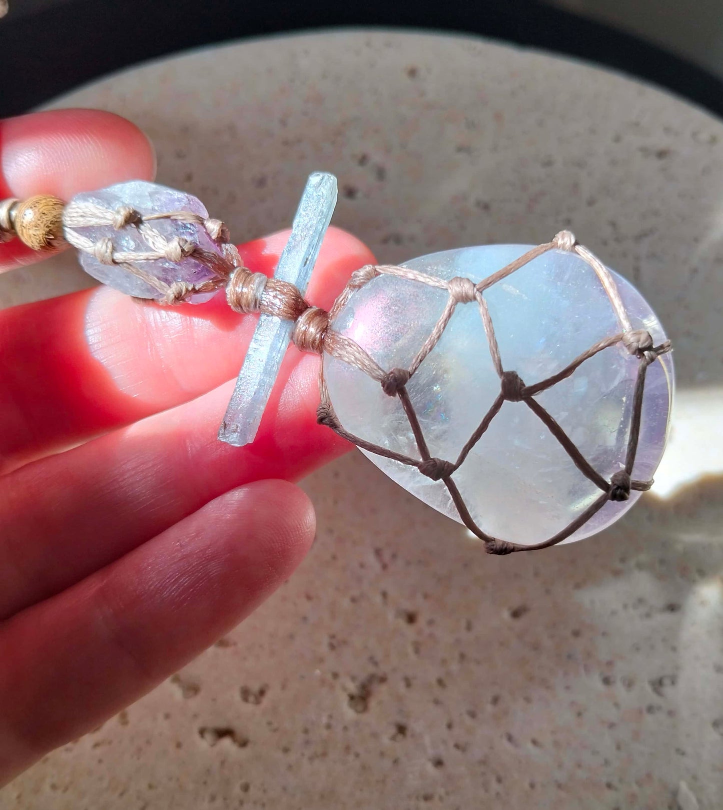 Rose Aura Quartz, Kyanite and Amethyst Talisman Necklace