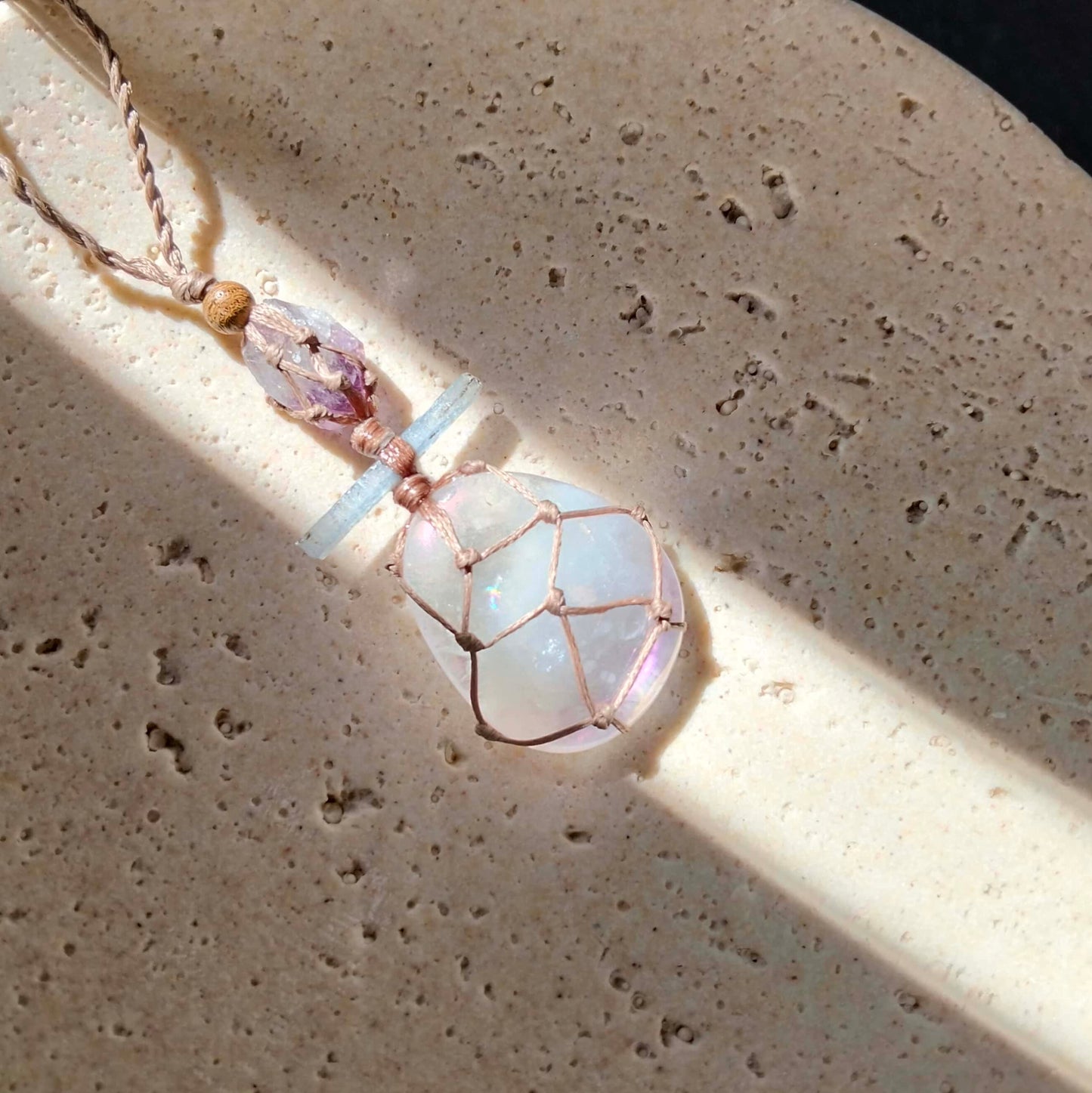 Rose Aura Quartz, Kyanite and Amethyst Talisman Necklace