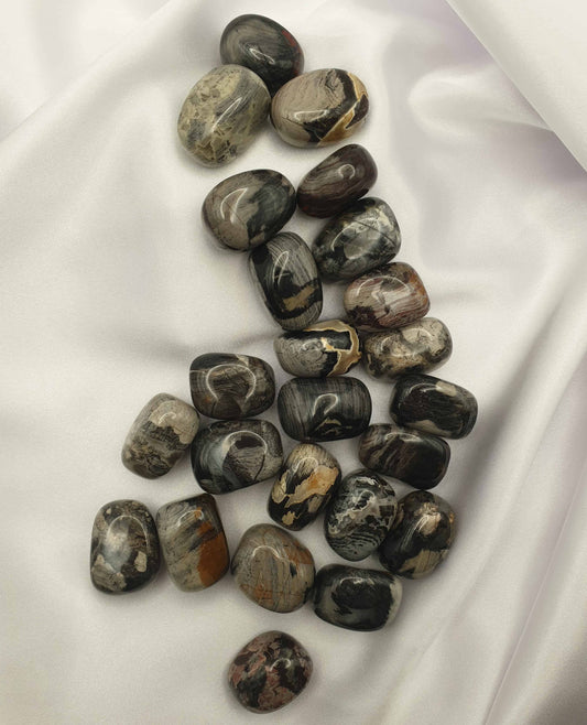 Carrying a silverleaf jasper tumbled stone can bring protection for all types of travel. Stimulates willpower, keeping energy levels high. A stone for dispelling negativity and aiding in peace, comfort and stability. Balancing energy and brings in compassion, a great stone for meditation.